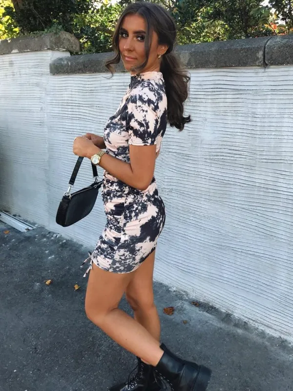 Aimie Tie-Dye Ribbed Ruched Dress In Nude sold by Vivichi