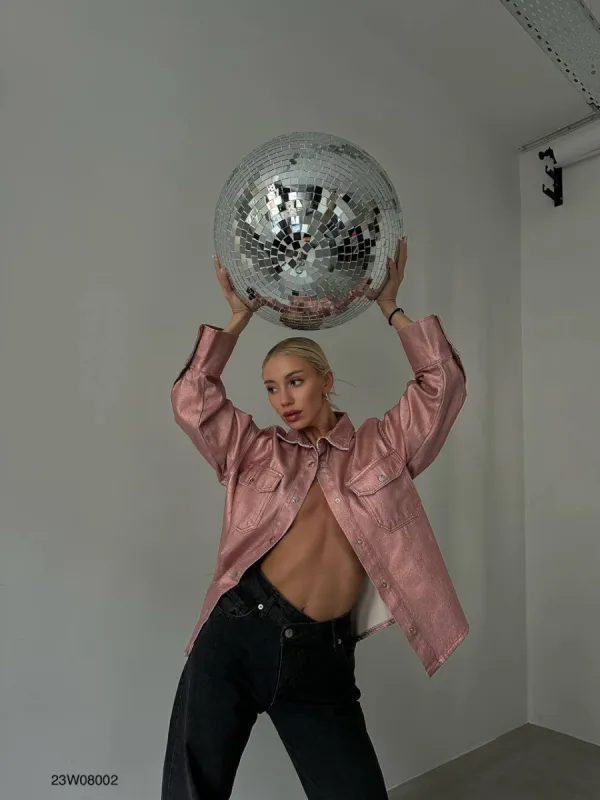 Hannah Metallic Denim Jacket In Pink sold by Vivichi