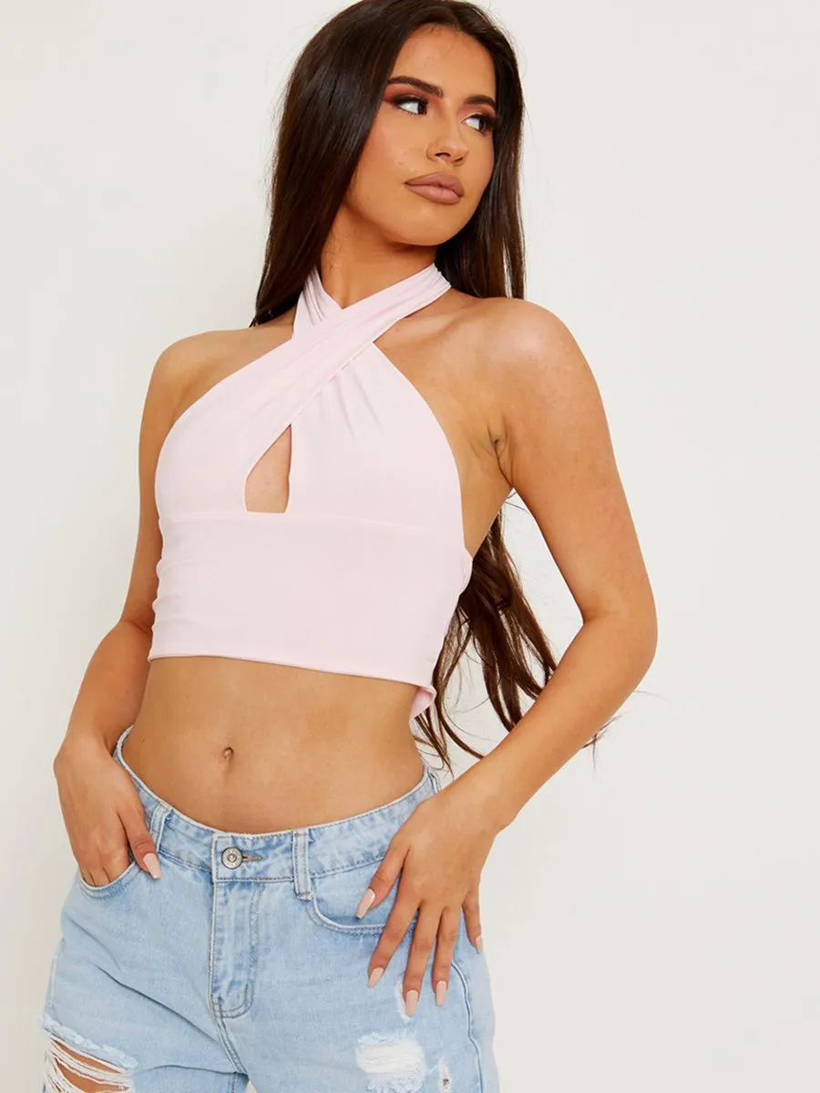 Morgane Halterneck Tie-Knot Slinky Crop Top In Pink sold by Vivichi