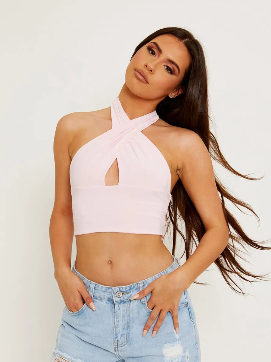 Morgane Halterneck Tie-Knot Slinky Crop Top In Pink sold by Vivichi product image thumbnail 2