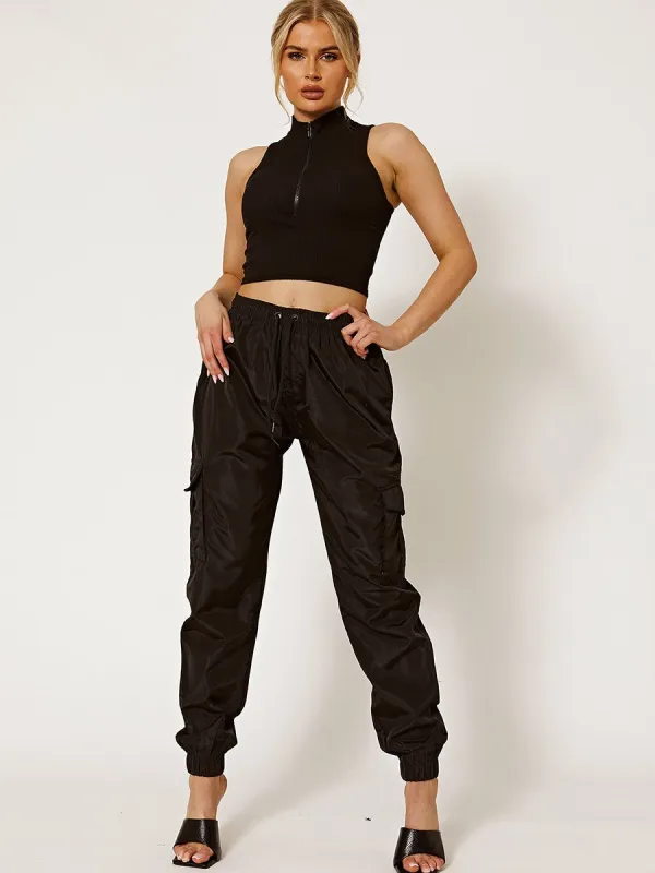 Olive Lightweight Shell Cargo Joggers In Black made by Vivichi
