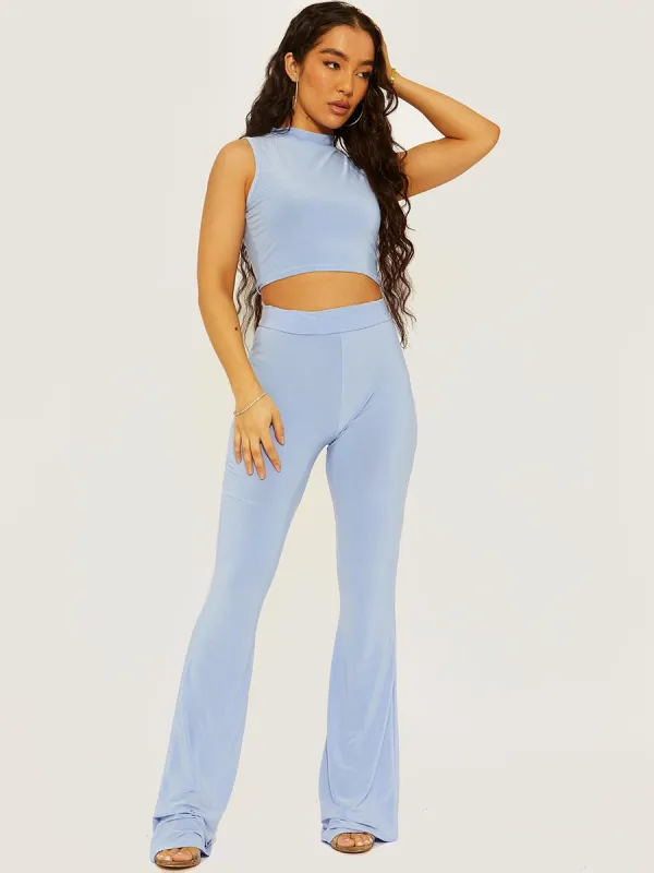 Hulia Slinky High Neck Crop Top & Flared Trouser Co-ord In Blue sold by Vivichi