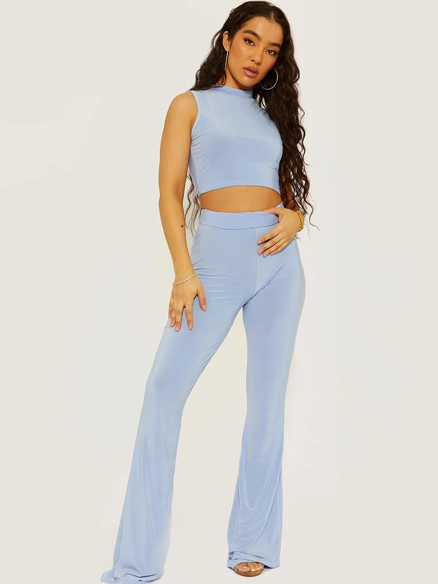Hulia Slinky High Neck Crop Top & Flared Trouser Co-ord In Blue sold by Vivichi product image thumbnail 2