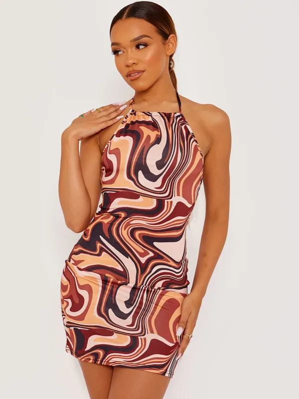 Liv Halter Neck Marble Print Slinky Dress In Nude sold by Vivichi