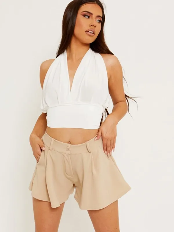 Izzie Tie-Knot Back Slinky Halter Crop Top In Cream sold by Vivichi