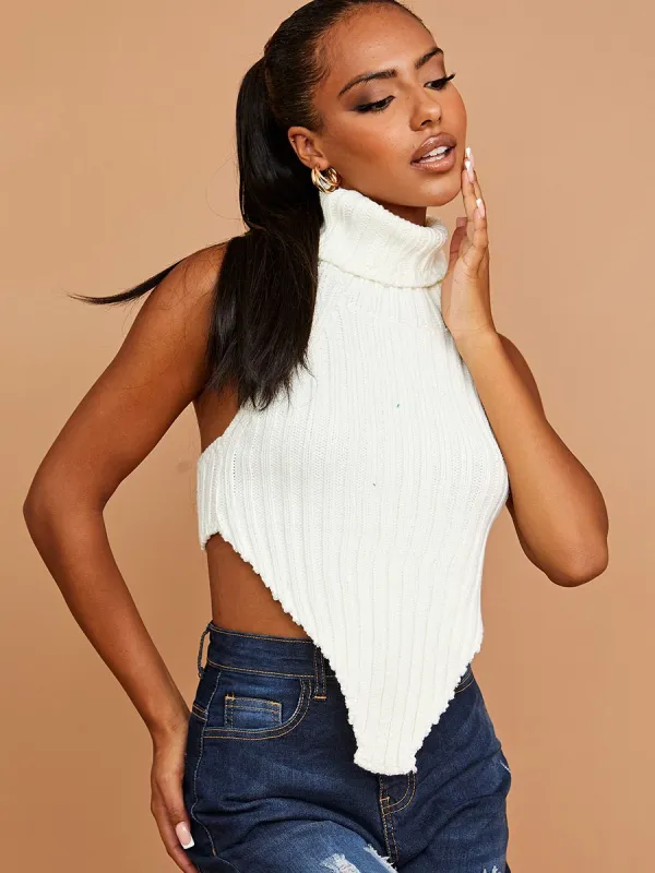 Caitlyn Halter Roll Neck Asymmetric Hem Knitted Crop Top In Cream sold by Vivichi