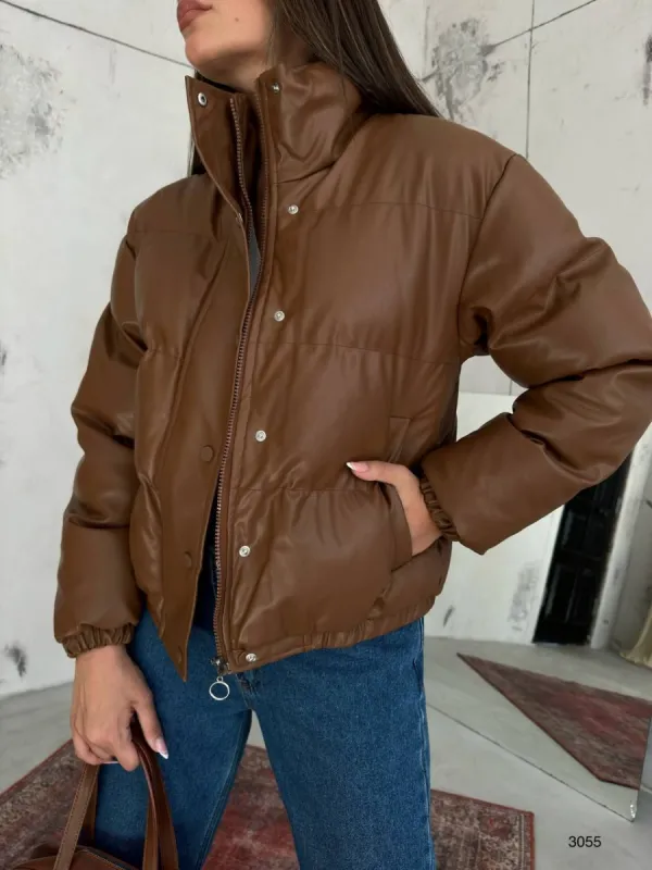 *PRE-ORDER* Robyn Faux Leather Puffer Jacket In Camel sold by Vivichi