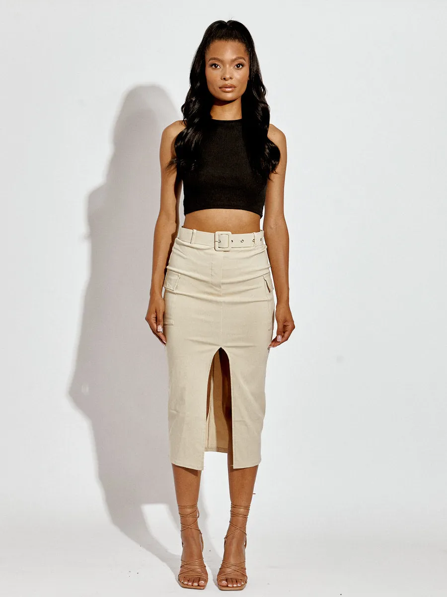 Tasha Slit Cargo Style Midi Skirt With Matching Belt In Stone sold by Vivichi