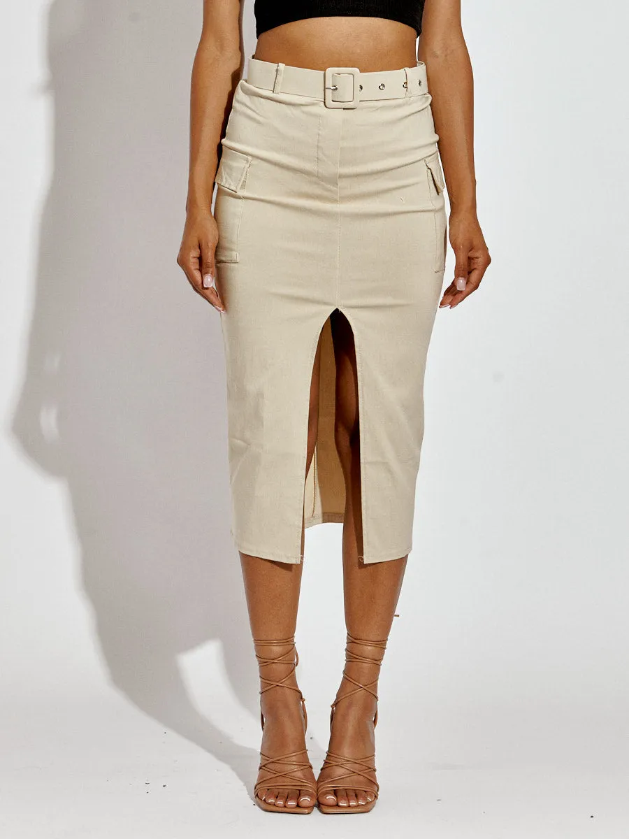 Tasha Slit Cargo Style Midi Skirt With Matching Belt In Stone sold by Vivichi product image thumbnail 2