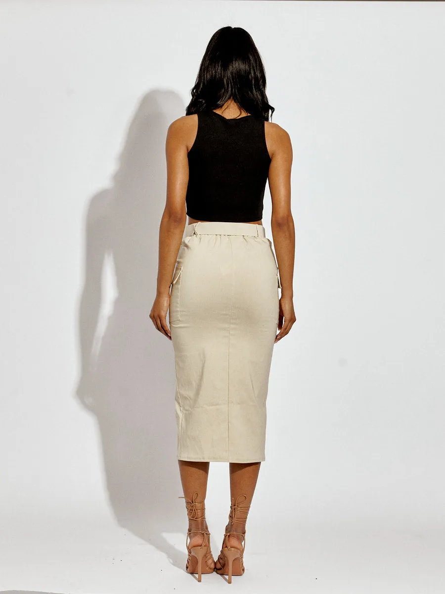 Tasha Slit Cargo Style Midi Skirt With Matching Belt In Stone sold by Vivichi product image thumbnail 4