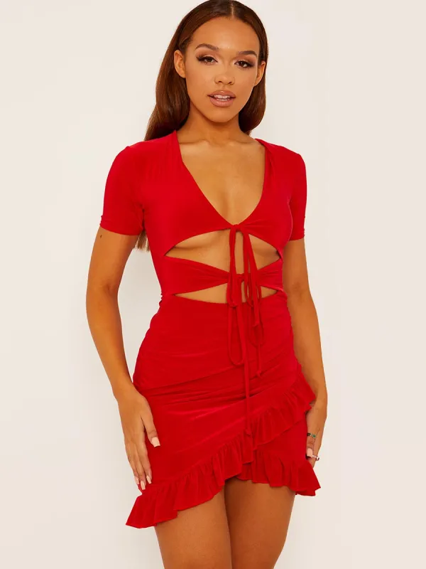 Jaki Cut Out Frill Hem Ruched Dress In Red sold by Vivichi