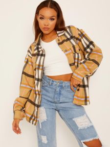 Colette Classic Thick Colour Block Checked Shirt Jacket Shacket In Camel sold by Vivichi