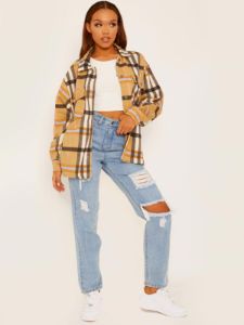 Colette Classic Thick Colour Block Checked Shirt Jacket Shacket In Camel sold by Vivichi