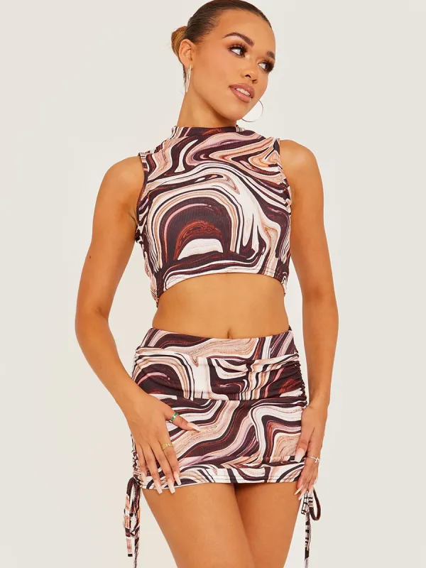 Imogen Marble Print Crop Top & Ruched Skirt Co-ord In Stone sold by Vivichi