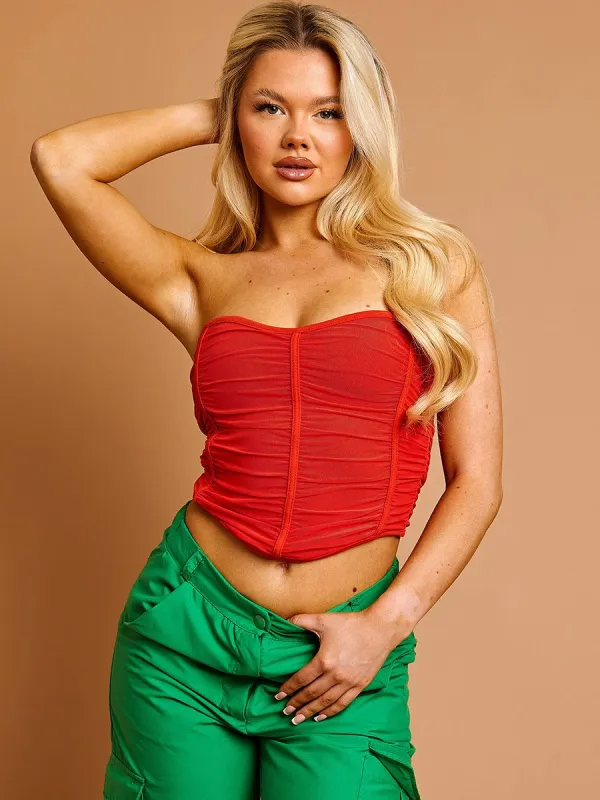 Layla Ruched Mesh Bandeau Corset Crop Top In Orange sold by Vivichi