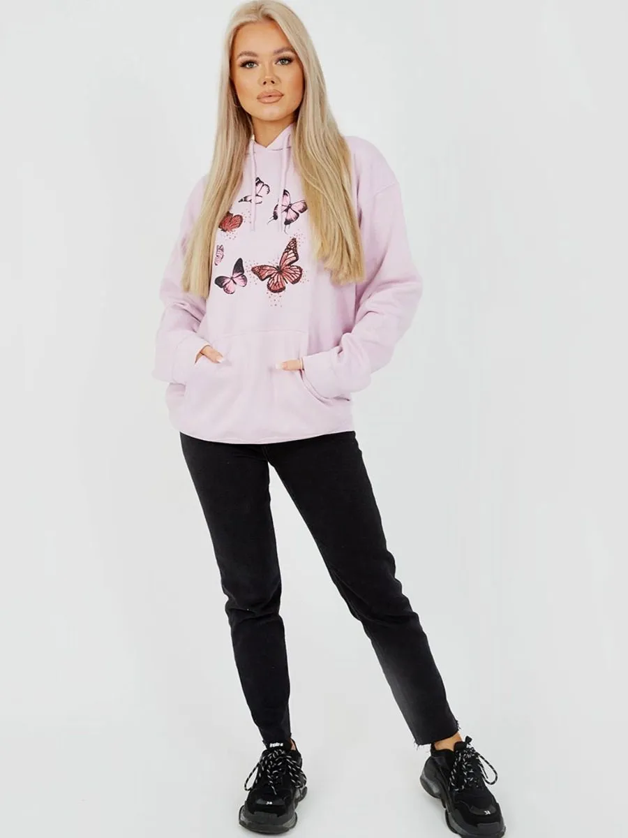 Rose Butterfly Graphic Print Fleeced Hoodie In Pink sold by Vivichi product image thumbnail 3