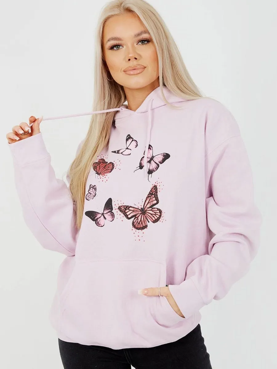 Rose Butterfly Graphic Print Fleeced Hoodie In Pink sold by Vivichi