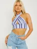 Karol Striped Ribbed Halter Crop Top In Blue sold by Vivichi
