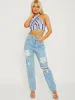 Karol Striped Ribbed Halter Crop Top In Blue sold by Vivichi