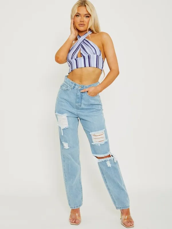 Karol Striped Ribbed Halter Crop Top In Blue sold by Vivichi