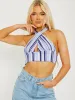 Karol Striped Ribbed Halter Crop Top In Blue sold by Vivichi