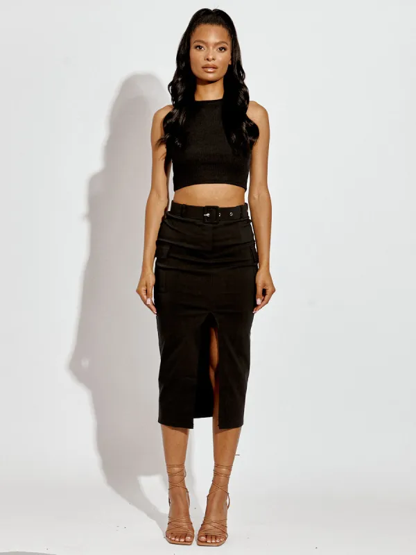 Tasha Slit Cargo Style Midi Skirt With Matching Belt In Black sold by Vivichi
