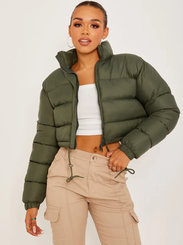 Dora Cropped Puffer Jacket In Khaki sold by Vivichi
