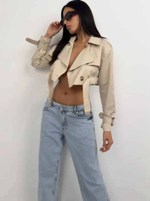 **PRE-ORDER** Georgina Belt Detail Crop Trench Coat In Stone sold by Vivichi
