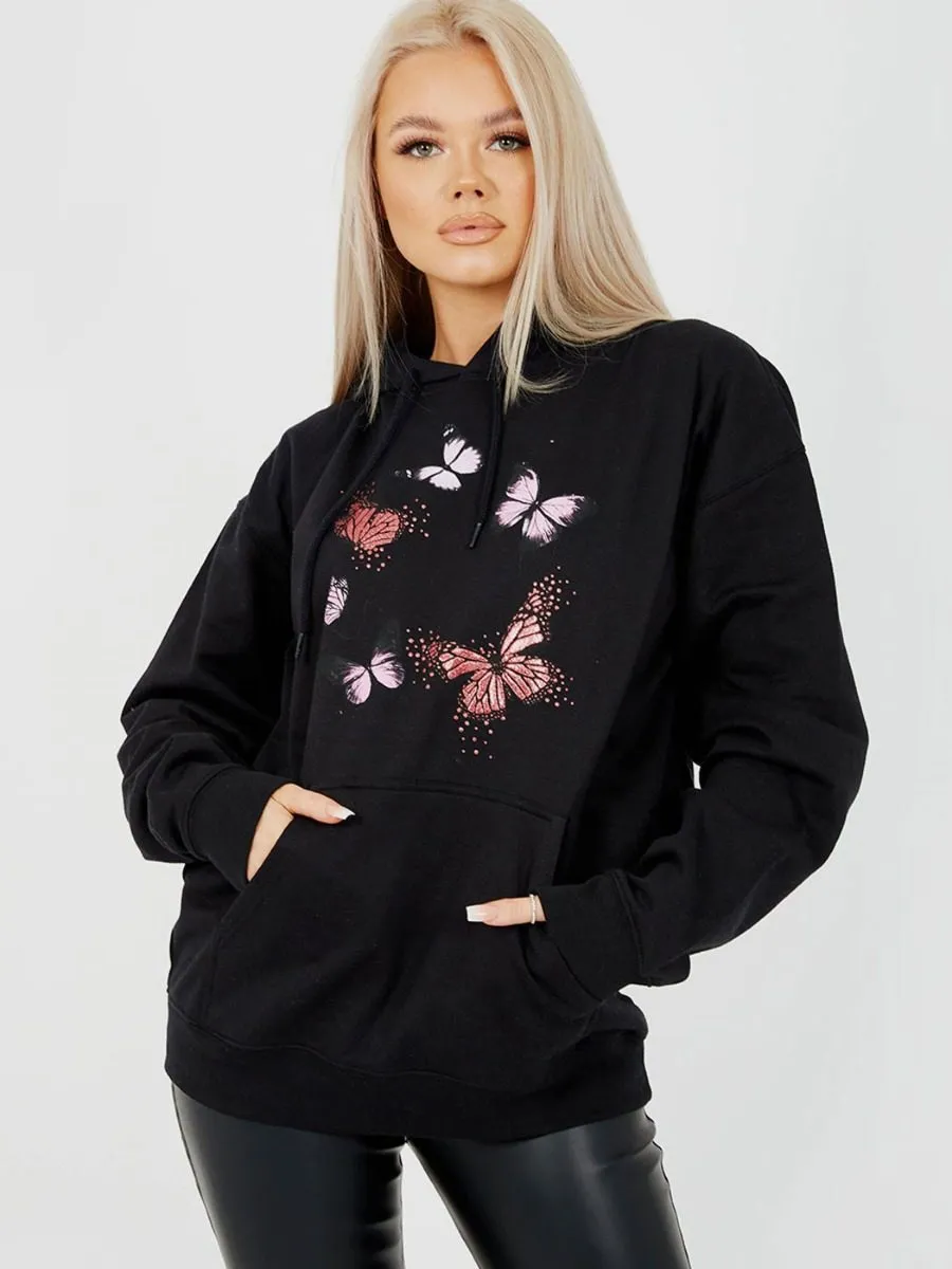 Rose Butterfly Graphic Print Fleeced Hoodie In Black sold by Vivichi product image thumbnail 4