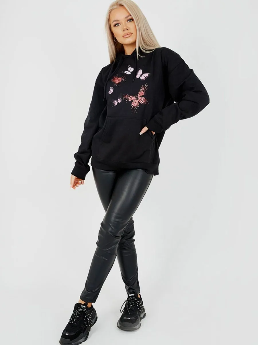 Rose Butterfly Graphic Print Fleeced Hoodie In Black sold by Vivichi