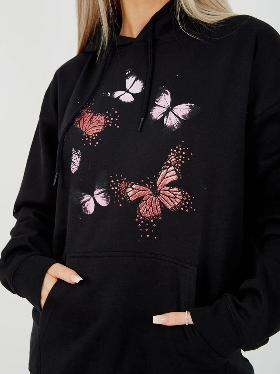 Rose Butterfly Graphic Print Fleeced Hoodie In Black sold by Vivichi product image thumbnail 2