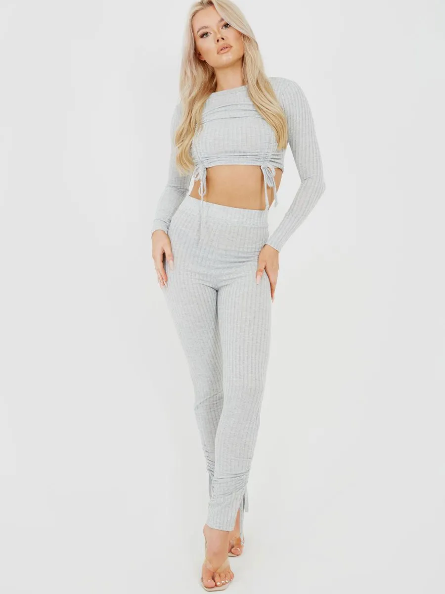 Donna Double Ruched Crop Top & Trouser Ribbed Co-ord In Grey sold by Vivichi product image thumbnail 2