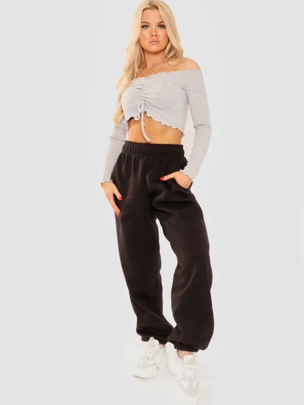 Lois Ruched Frill Ribbed Bardot Crop Top In Grey sold by Vivichi