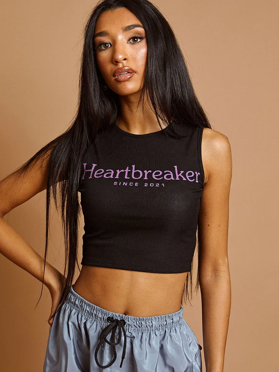 Phebe Heartbreaker Ribbed Vest Crop Top In Black sold by Vivichi