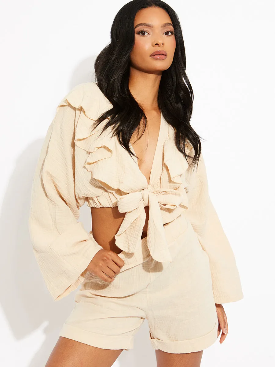 Rosie Cheesecloth Frill Detail Tie Knot Blouse & Shorts Co-ord In Stone sold by Vivichi product image thumbnail 2