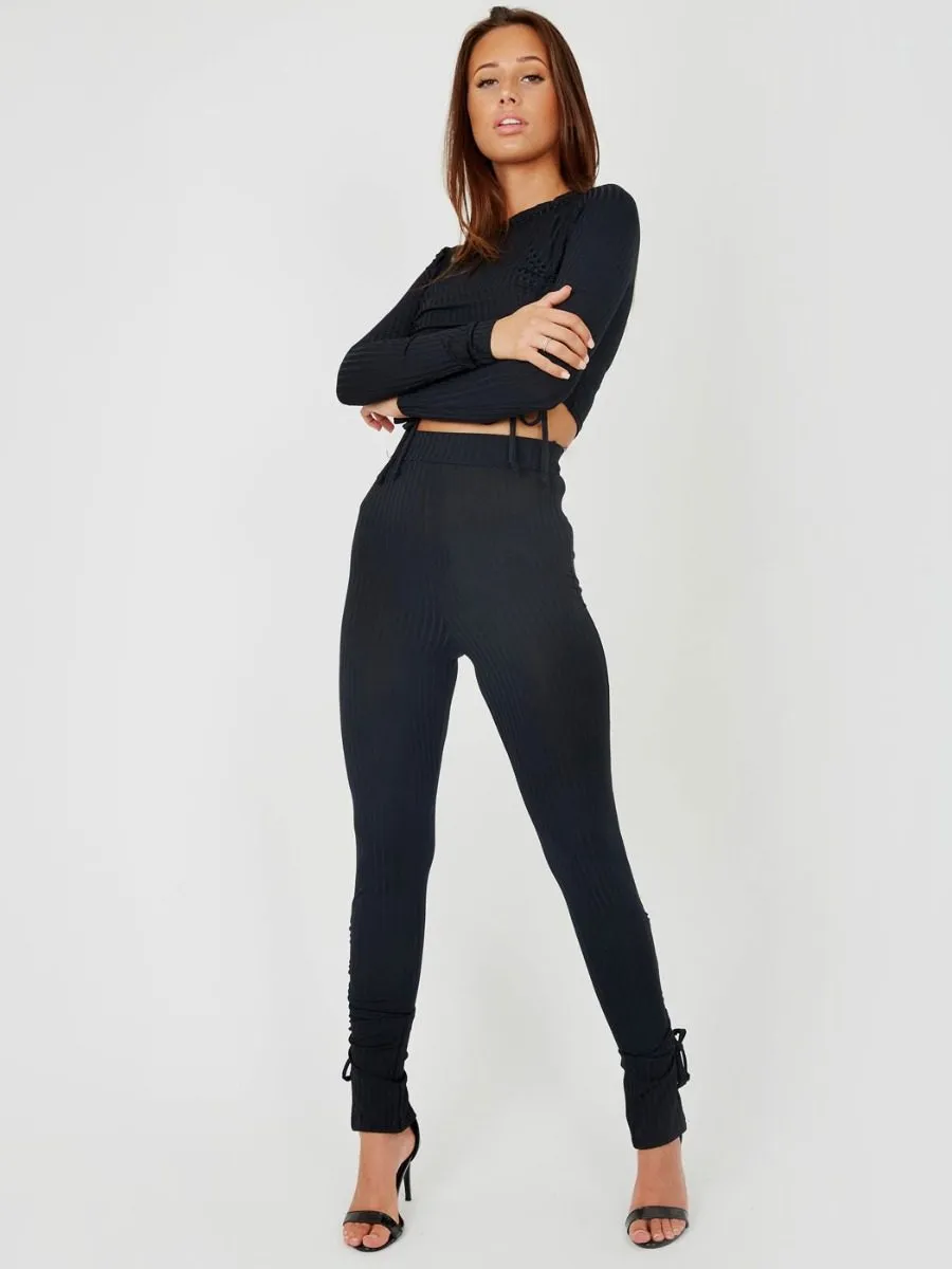 Donna Double Ruched Crop Top & Trouser Ribbed Co-ord In Black sold by Vivichi product image thumbnail 4