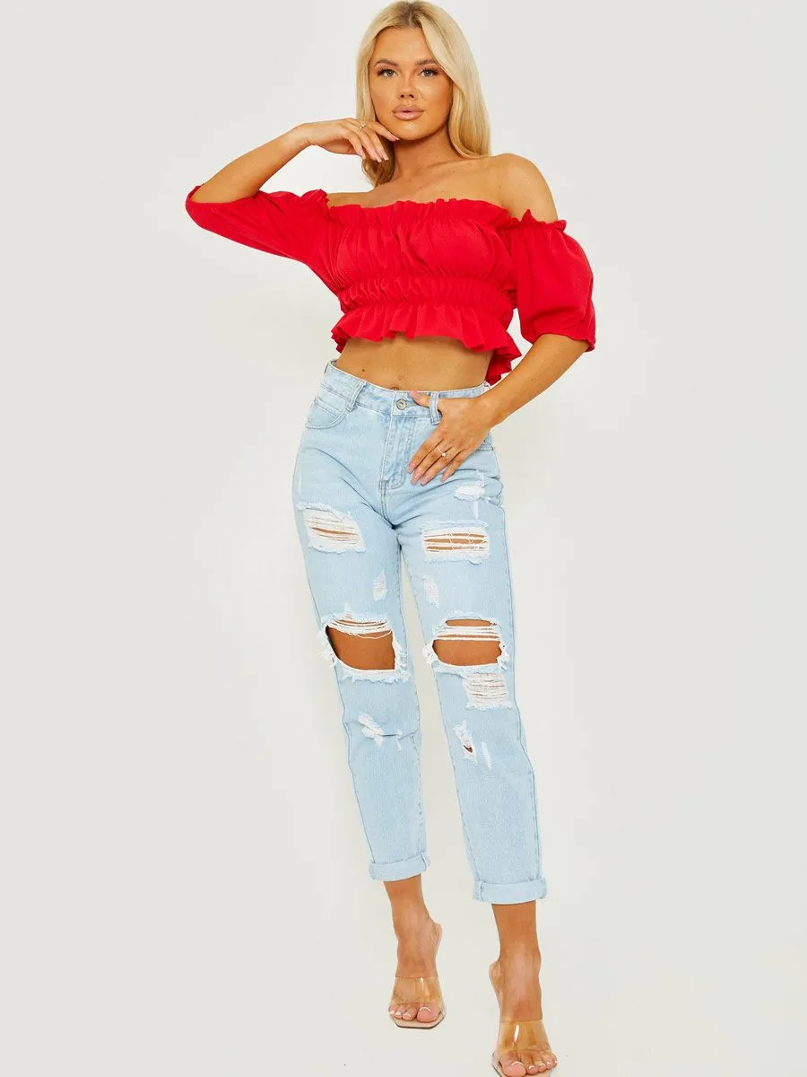 Ailin Ruched Frill Bardot Crop Top In Red sold by Vivichi
