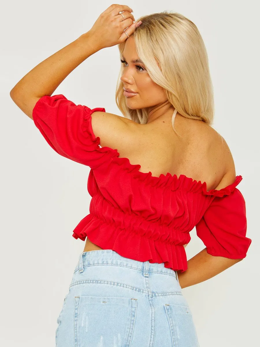 Ailin Ruched Frill Bardot Crop Top In Red sold by Vivichi product image thumbnail 2