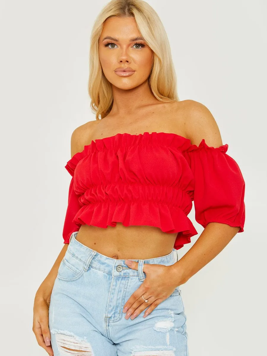 Ailin Ruched Frill Bardot Crop Top In Red sold by Vivichi product image thumbnail 3