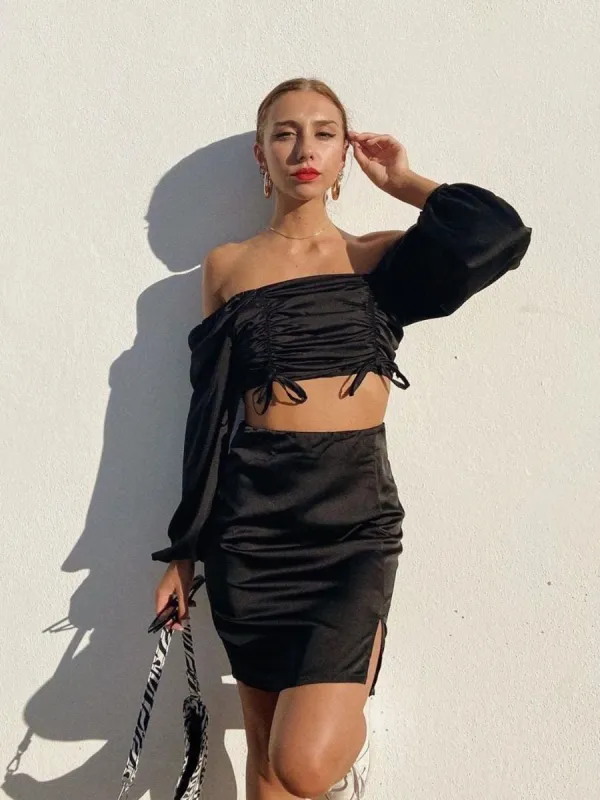 Phoebe Satin Crop Top & Skirt Co-ord In Black sold by Vivichi