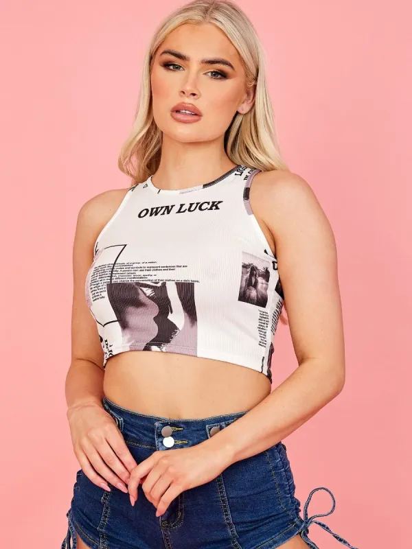 Tarra Newspaper Graphic Ribbed Vest Crop Top In White sold by Vivichi