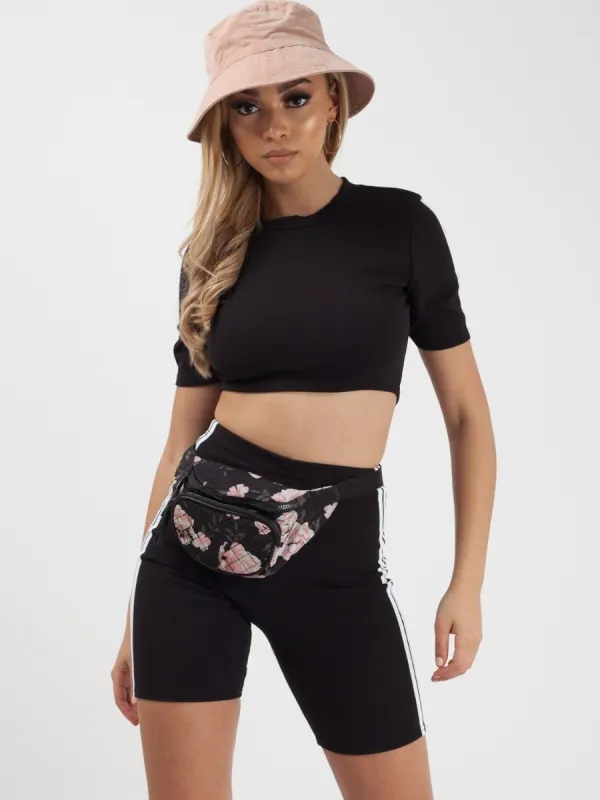 Ally Side Stripe Crop Top & Shorts Co-ord In Black sold by Vivichi