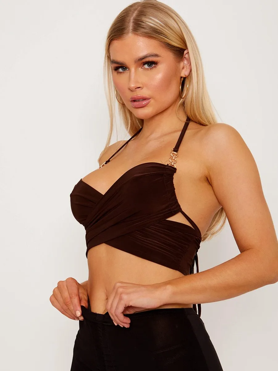 Shanya Cross Wrap Halter Crop Top with Chain Detail In Brown sold by Vivichi product image thumbnail 3