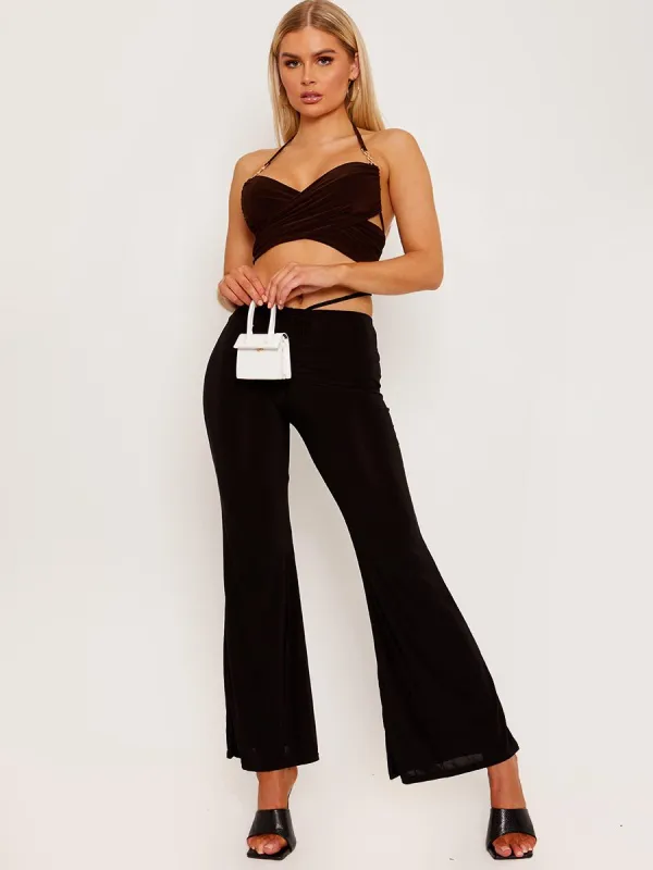 Shanya Cross Wrap Halter Crop Top with Chain Detail In Brown sold by Vivichi