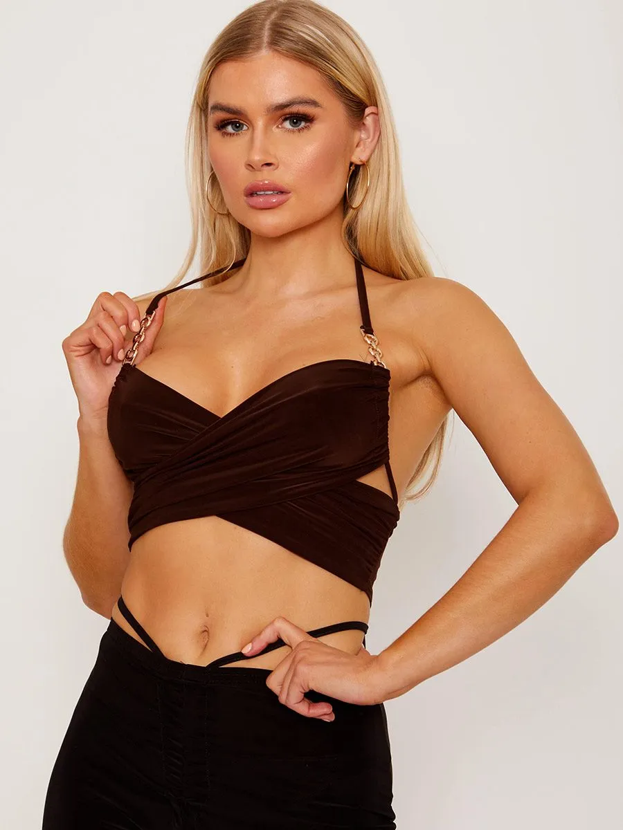 Shanya Cross Wrap Halter Crop Top with Chain Detail In Brown sold by Vivichi product image thumbnail 2