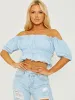 Ailin Ruched Frill Bardot Crop Top In Blue sold by Vivichi