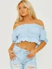 Ailin Ruched Frill Bardot Crop Top In Blue sold by Vivichi