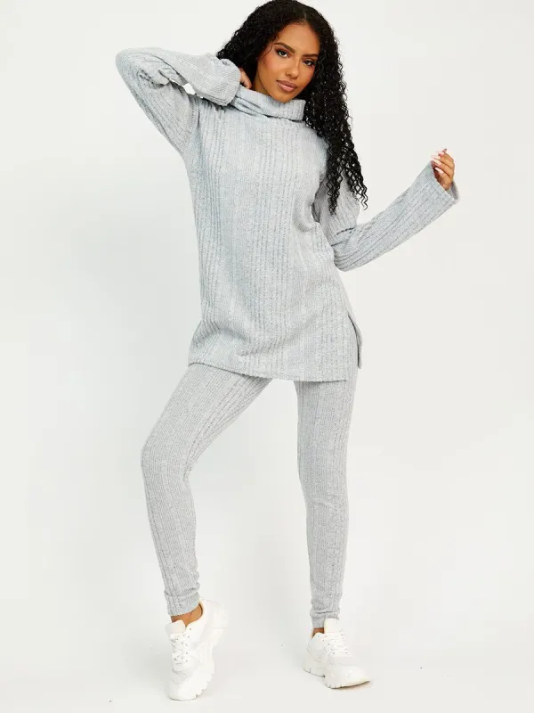 Emma Soft Brushed Ribbed Roll Neck Top & Leggings Co-ord In Grey sold by Vivichi