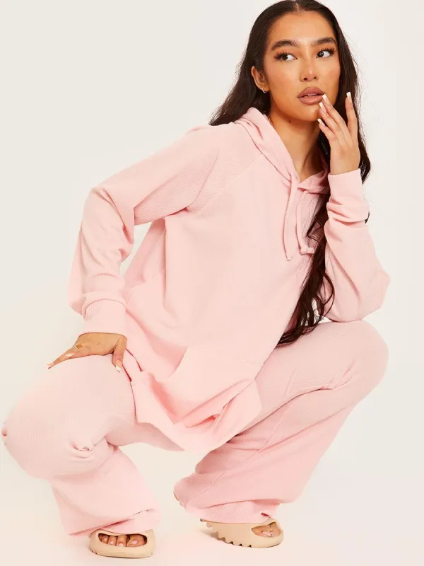 Julia Ribbed Hooded Top & Flared Trouser Co-ord In Pink sold by Vivichi