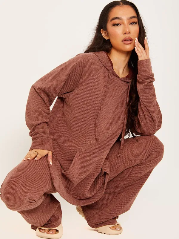 Julia Ribbed Hooded Top & Flared Trouser Co-ord In Chocolate sold by Vivichi